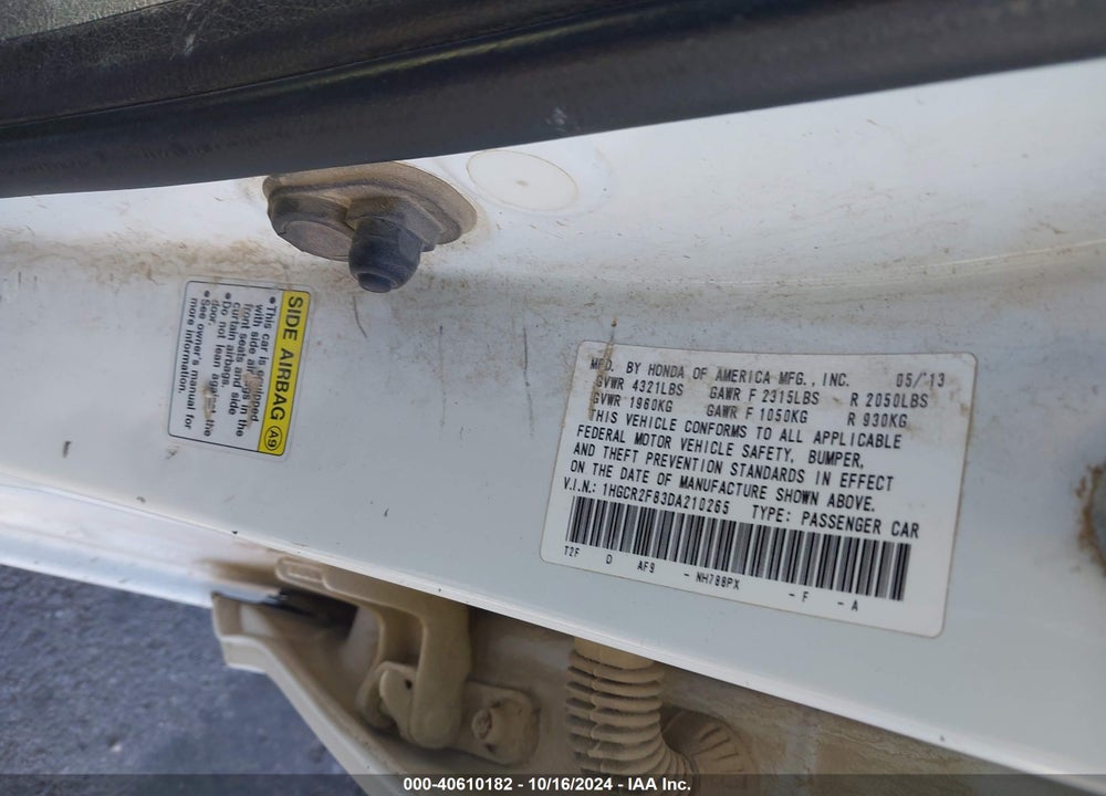 2013 HONDA ACCORD EX-L VIN: 1HGCR2F83DA210265