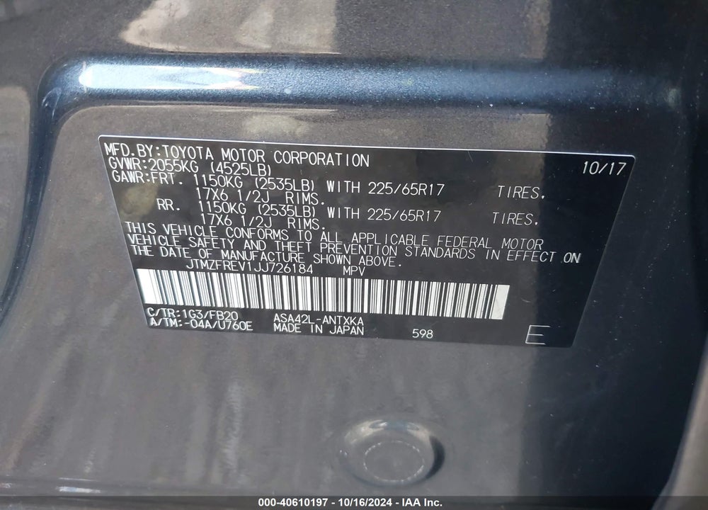 2018 TOYOTA RAV4 LE VIN: JTMZFREV1JJ726184