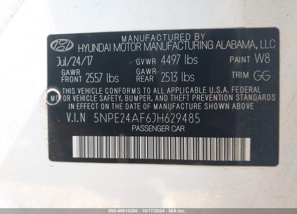 2018 HYUNDAI SONATA SE VIN: 5NPE24AF6JH629485
