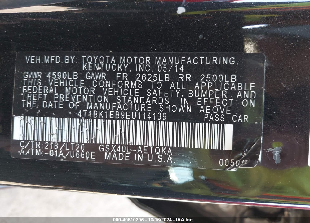 2014 TOYOTA AVALON XLE TOURING VIN: 4T1BK1EB9EU114139