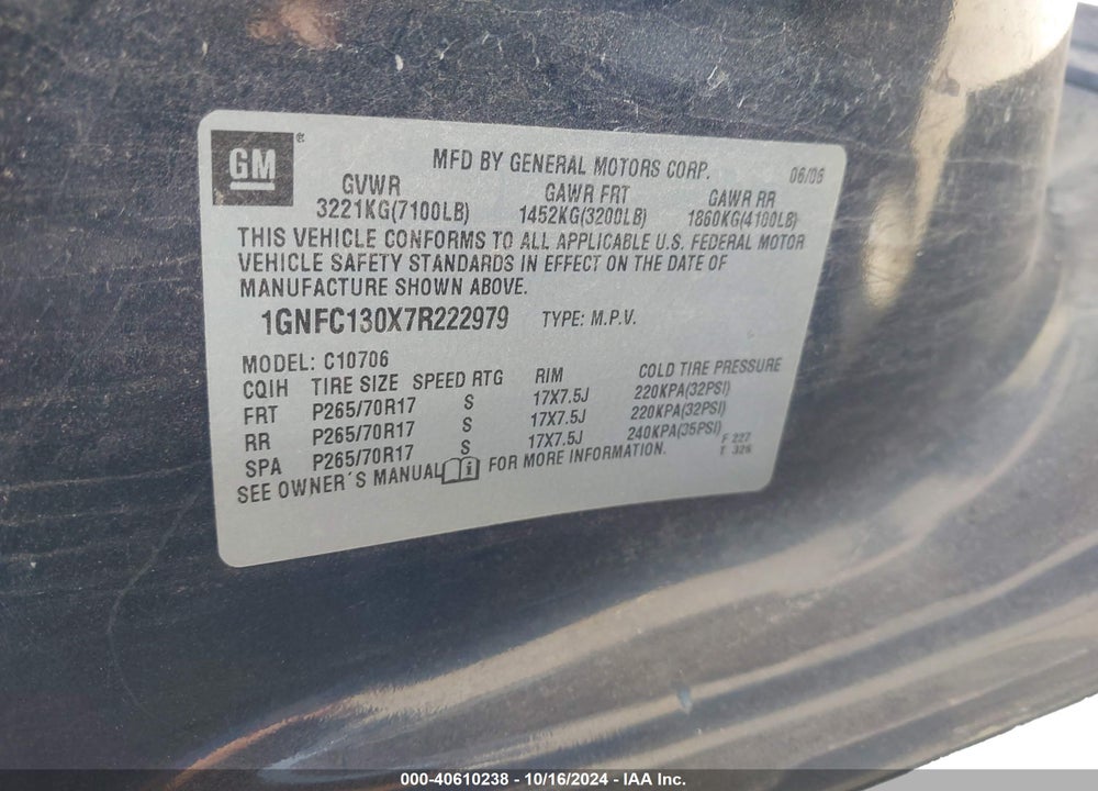 2007 CHEVROLET TAHOE LS VIN: 1GNFC130X7R222979
