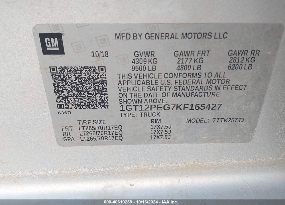 2019 GMC SIERRA 2500HD SLE VIN: 1GT12PEG7KF165427