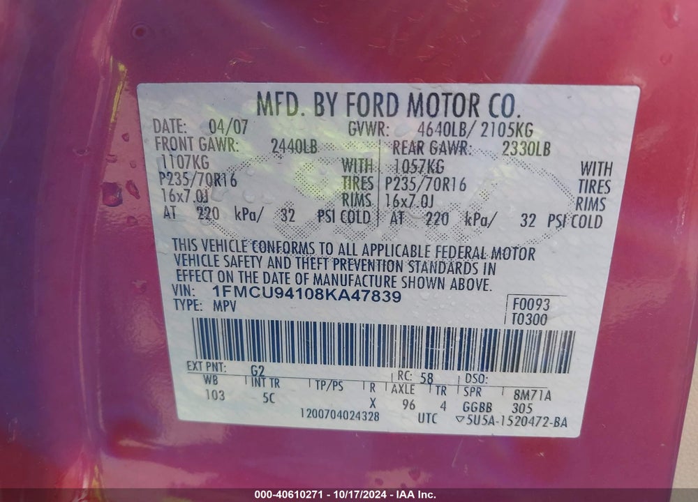 2008 FORD ESCAPE LIMITED VIN: 1FMCU94108KA47839