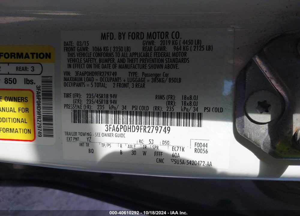 2015 FORD FUSION SE VIN: 3FA6P0HD9FR279749