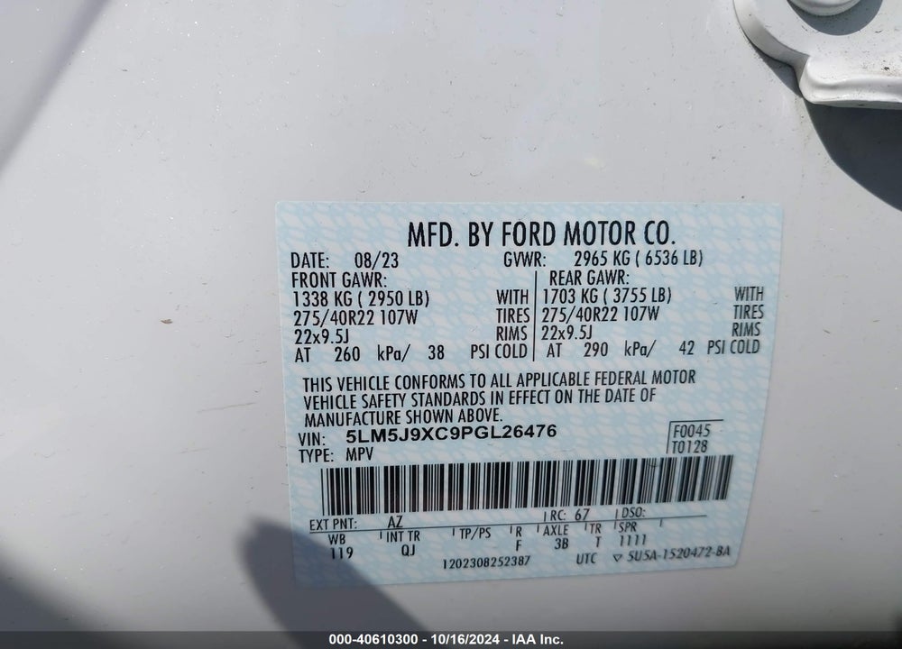 2023 LINCOLN AVIATOR BLACK LABEL VIN: 5LM5J9XC9PGL26476