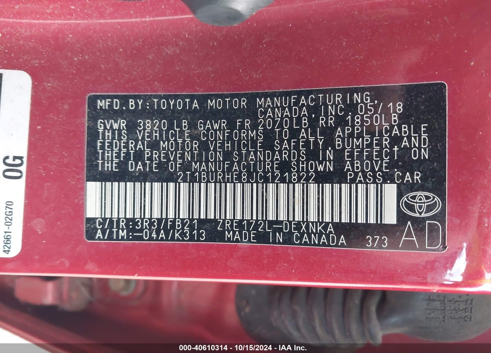 2018 TOYOTA COROLLA LE VIN: 2T1BURHE8JC121822