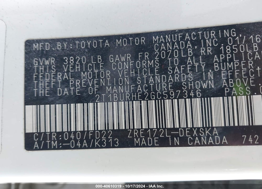 2016 TOYOTA COROLLA S PLUS VIN: 2T1BURHE2GC597346
