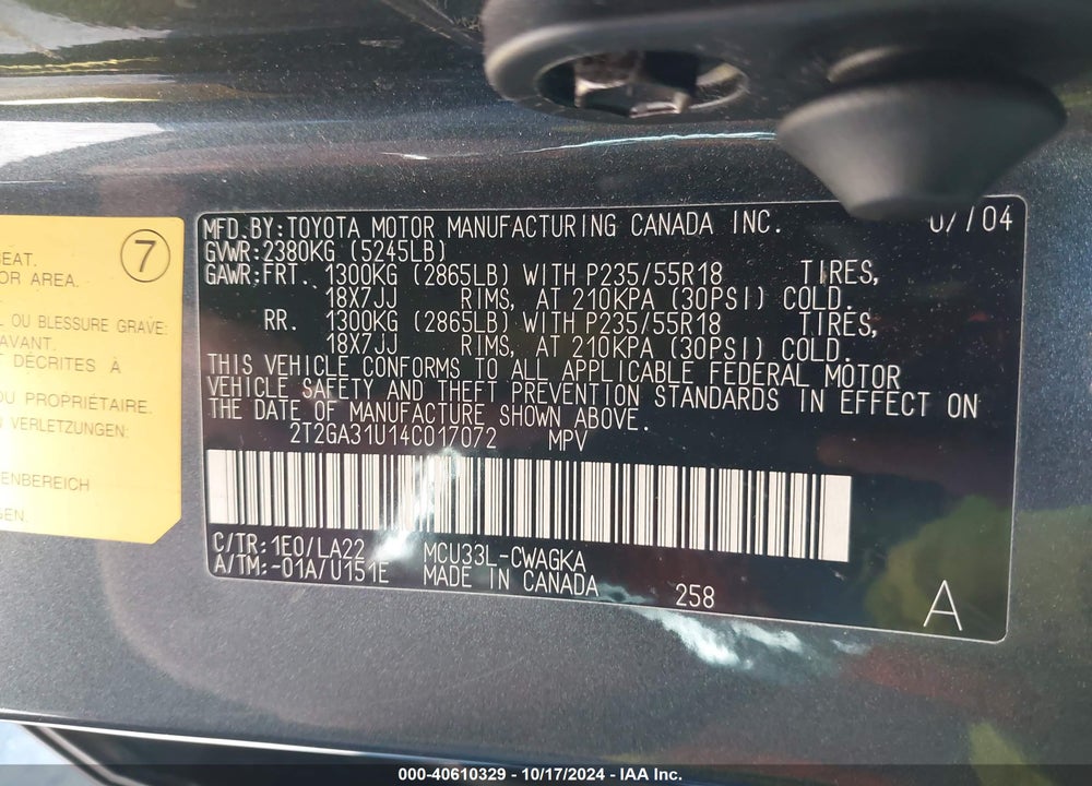 2004 LEXUS RX 330 VIN: 2T2GA31U14C017072