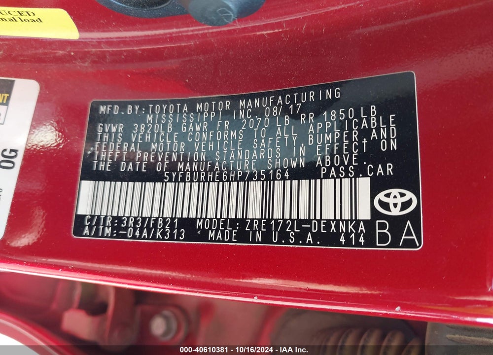 2017 TOYOTA COROLLA LE VIN: 5YFBURHE6HP735164
