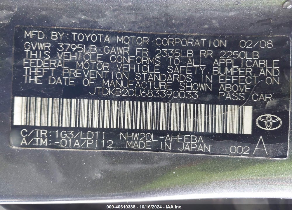 2008 TOYOTA PRIUS VIN: JTDKB20U683390033