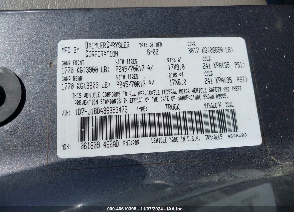 2003 DODGE RAM 1500 SLT/LARAMIE/ST VIN: 1D7HU18D43S353473