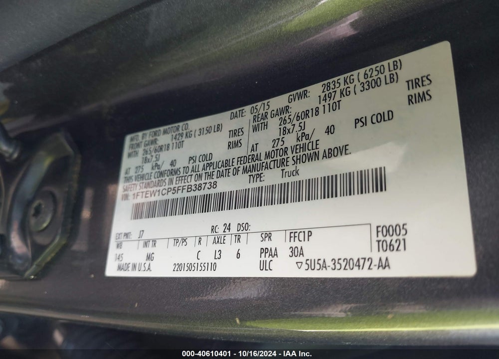 2015 FORD F-150 XLT VIN: 1FTEW1CP5FFB38738