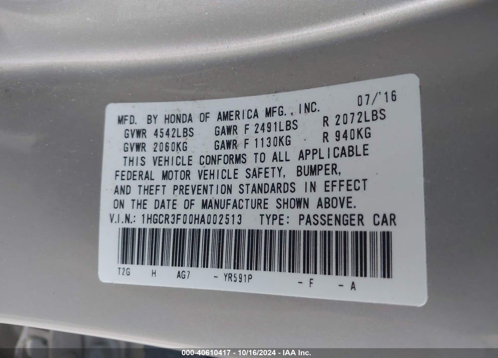 2017 HONDA ACCORD EX-L V6 VIN: 1HGCR3F00HA002513
