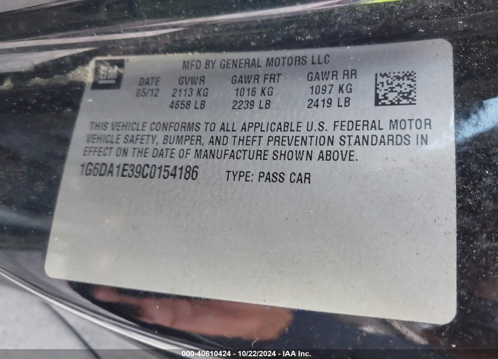 2012 CADILLAC CTS STANDARD VIN: 1G6DA1E39C0154186