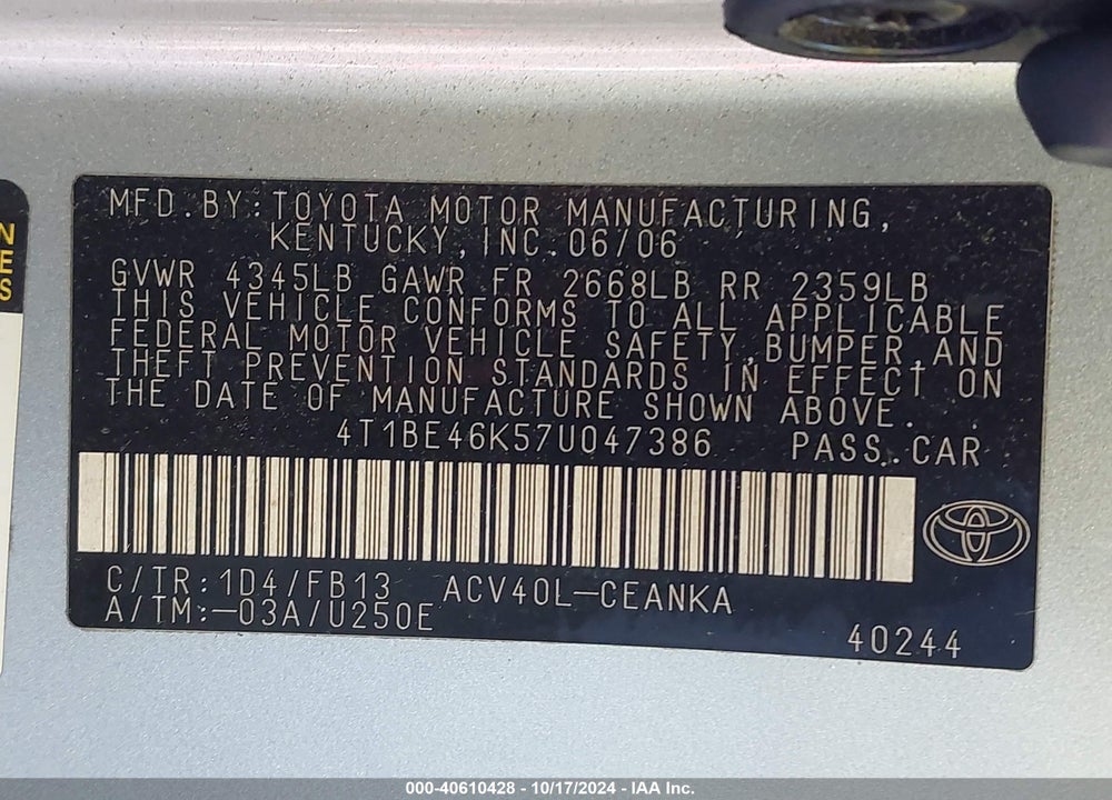 2007 TOYOTA CAMRY LE VIN: 4T1BE46K57U047386