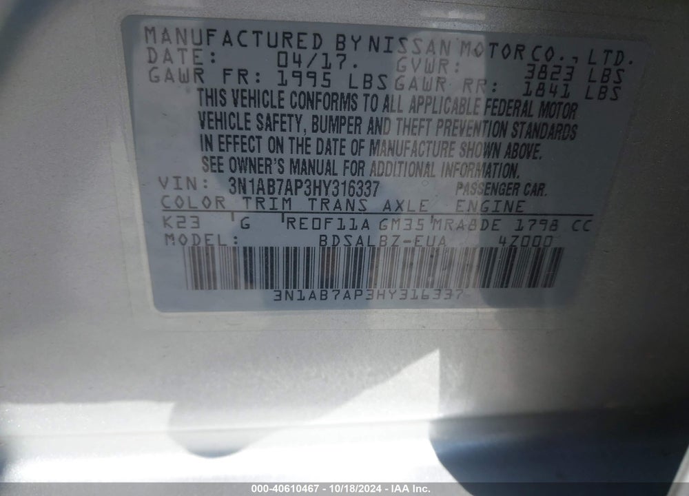 2017 NISSAN SENTRA S VIN: 3N1AB7AP3HY316337