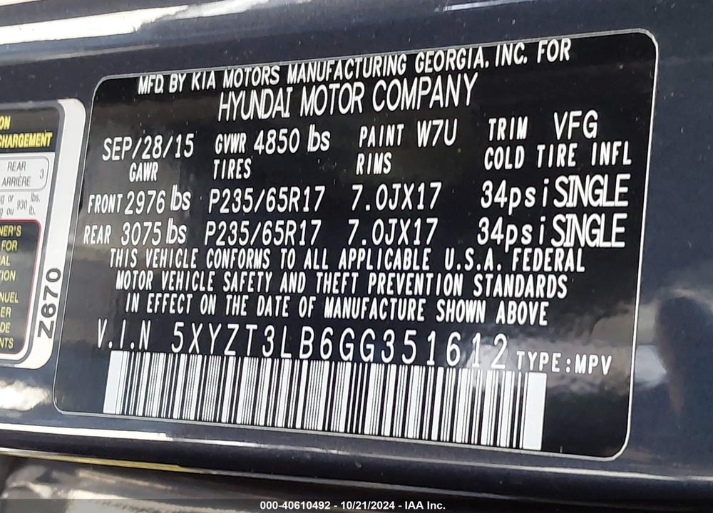 2016 HYUNDAI SANTA FE SPORT 2.4L VIN: 5XYZT3LB6GG351612