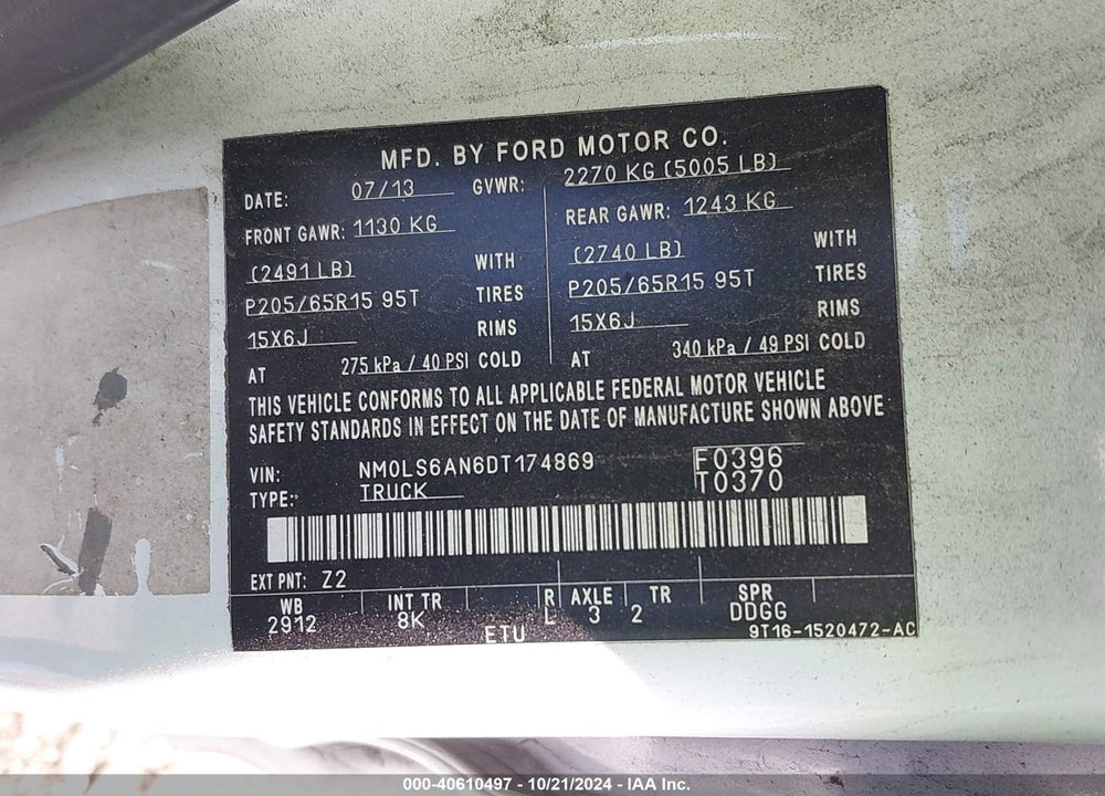 2013 FORD TRANSIT CONNECT XL VIN: NM0LS6AN6DT174869