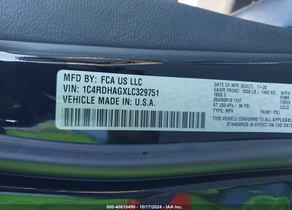 2020 DODGE DURANGO SXT RWD VIN: 1C4RDHAGXLC329751