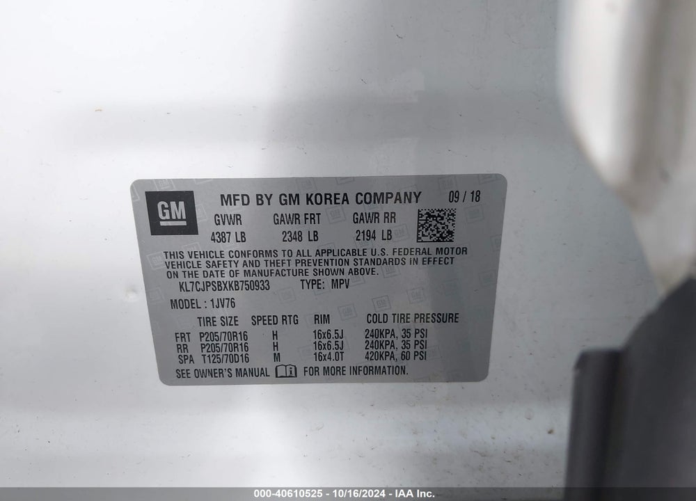 2019 CHEVROLET TRAX LT VIN: KL7CJPSBXKB750933