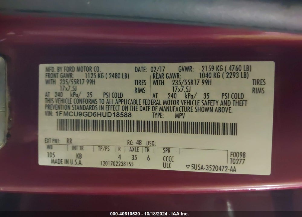 2017 FORD ESCAPE SE VIN: 1FMCU9GD6HUD18588