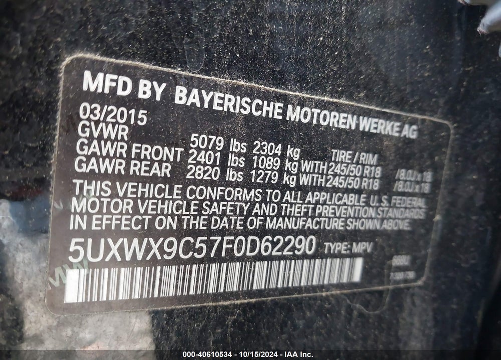 2015 BMW X3 XDRIVE28I VIN: 5UXWX9C57F0D62290