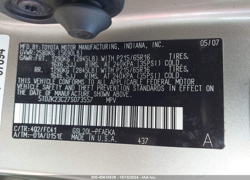 2007 TOYOTA SIENNA LE VIN: 5TDZK23C27S073557