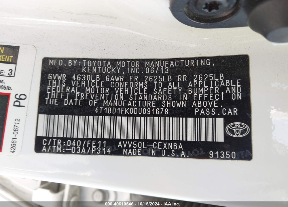 2013 TOYOTA CAMRY HYBRID LE VIN: 4T1BD1FK0DU091678