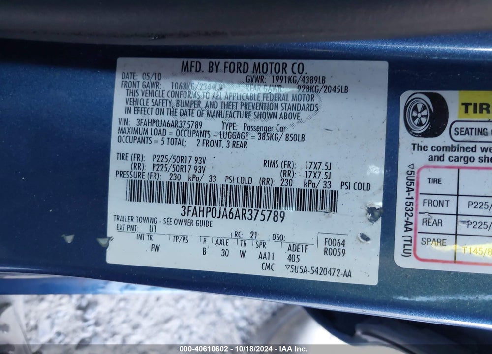 2010 FORD FUSION SEL VIN: 3FAHP0JA6AR375789