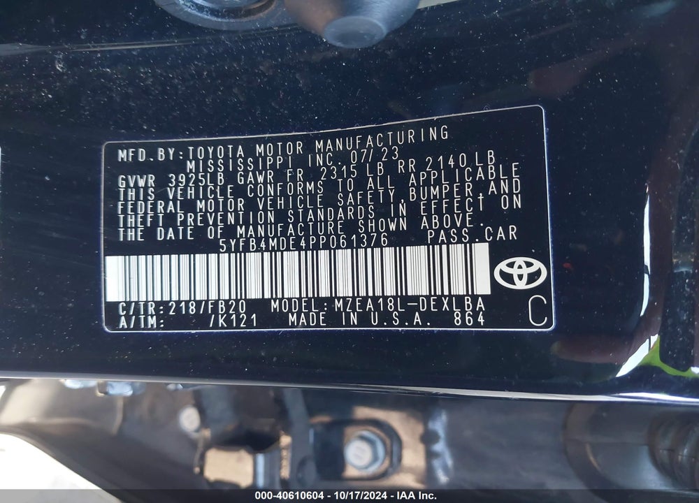 2023 TOYOTA COROLLA LE VIN: 5YFB4MDE4PP061376