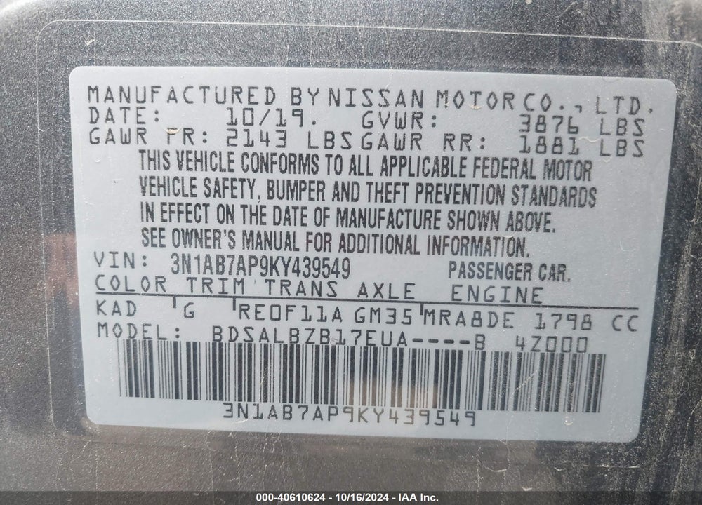 2019 NISSAN SENTRA S VIN: 3N1AB7AP9KY439549