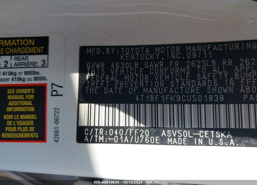 2012 TOYOTA CAMRY SE VIN: 4T1BF1FK9CU501838