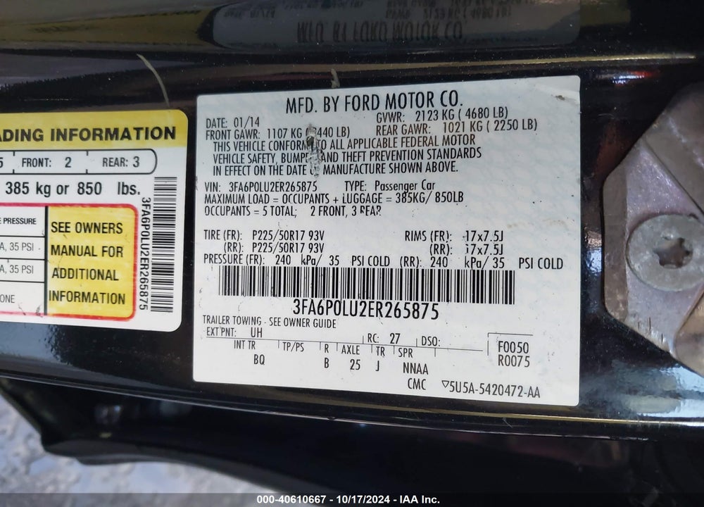 2014 FORD FUSION HYBRID VIN: 3FA6P0LU2ER265875