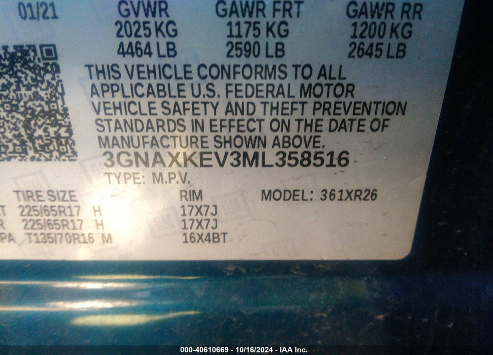 2021 CHEVROLET EQUINOX FWD LT VIN: 3GNAXKEV3ML358516