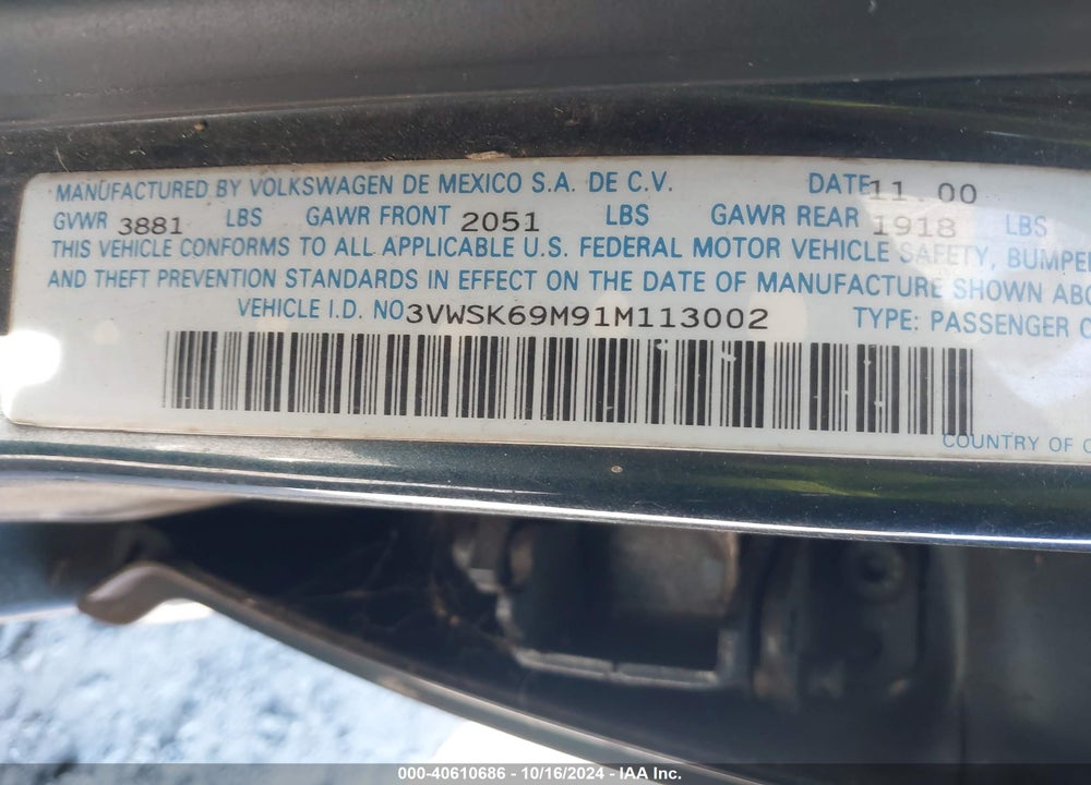 2001 VOLKSWAGEN JETTA GLS VIN: 3VWSK69M91M113002