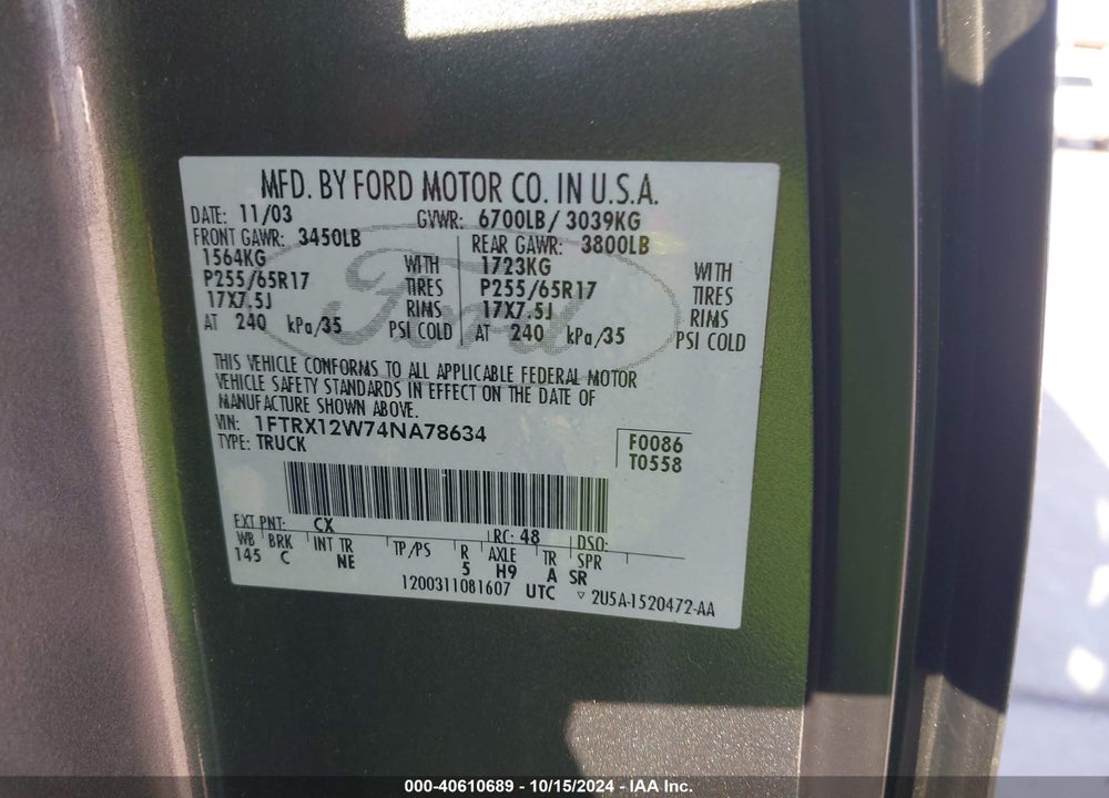 2004 FORD F-150 STX/XL/XLT VIN: 1FTRX12W74NA78634