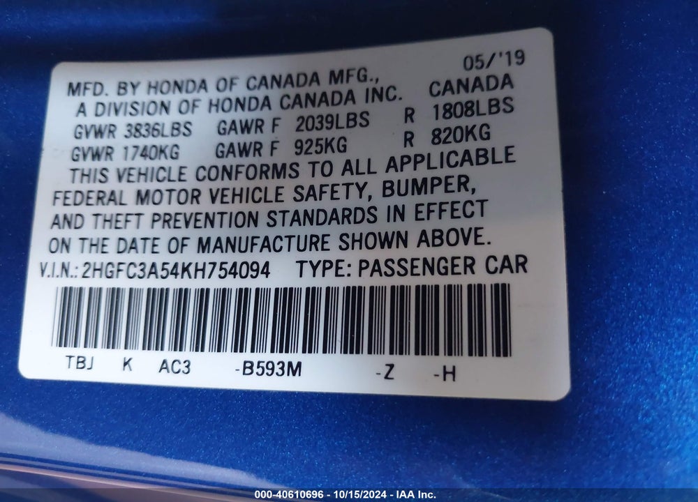 2019 HONDA CIVIC SI VIN: 2HGFC3A54KH754094