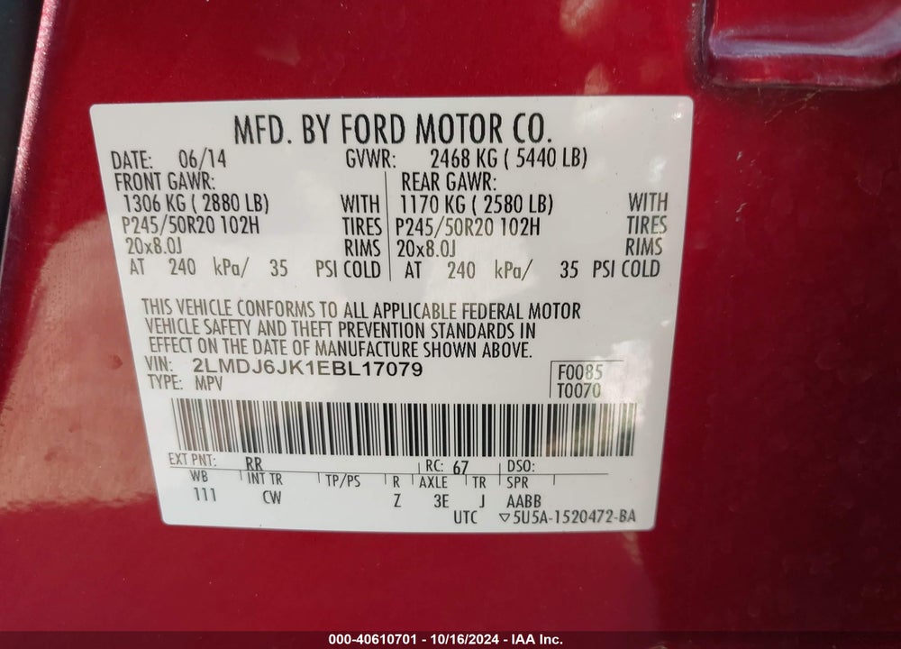 2014 LINCOLN MKX VIN: 2LMDJ6JK1EBL17079