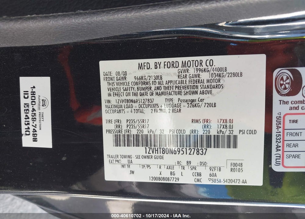 2009 FORD MUSTANG V6 PREMIUM VIN: 1ZVHT80N695127837