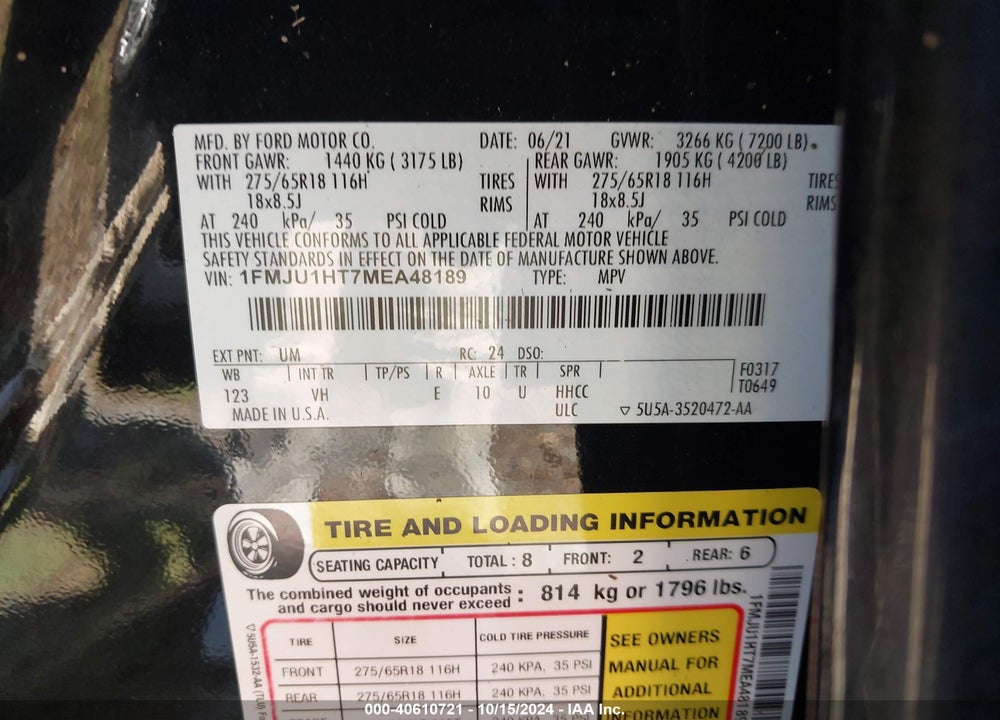 2021 FORD EXPEDITION XLT VIN: 1FMJU1HT7MEA48189