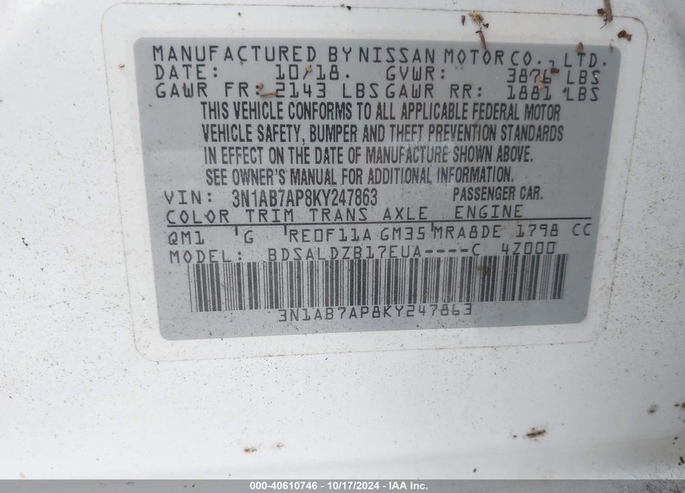 2019 NISSAN SENTRA SV VIN: 3N1AB7AP8KY247863