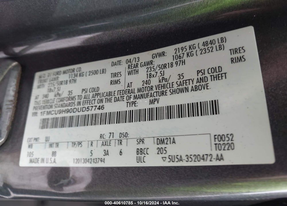 2013 FORD ESCAPE SEL VIN: 1FMCU9H90DUD57746