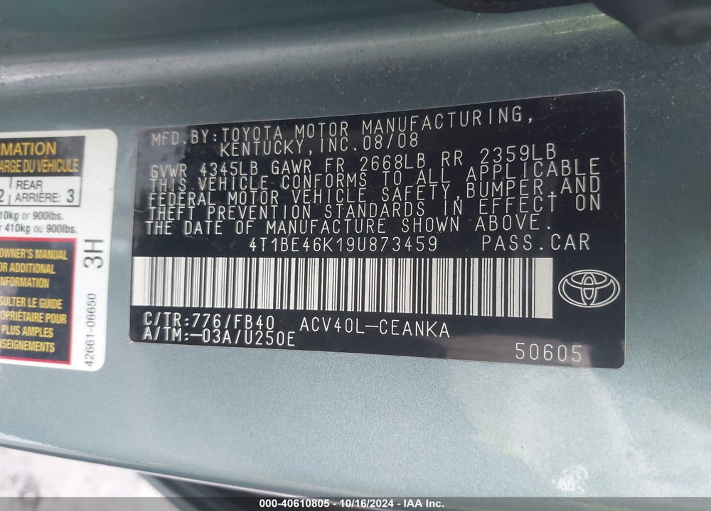 2009 TOYOTA CAMRY LE VIN: 4T1BE46K19U873459
