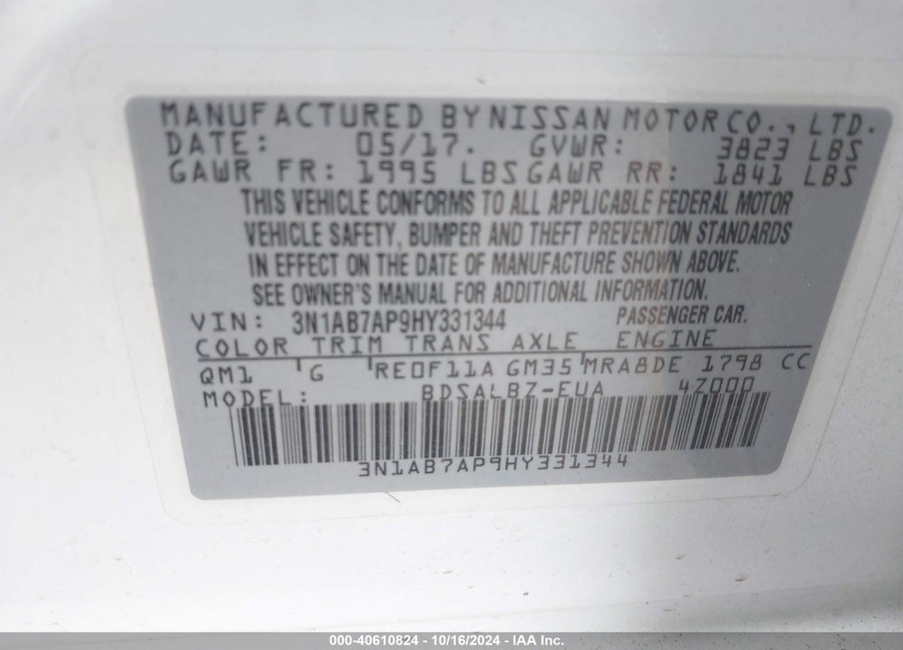 2017 NISSAN SENTRA S VIN: 3N1AB7AP9HY331344