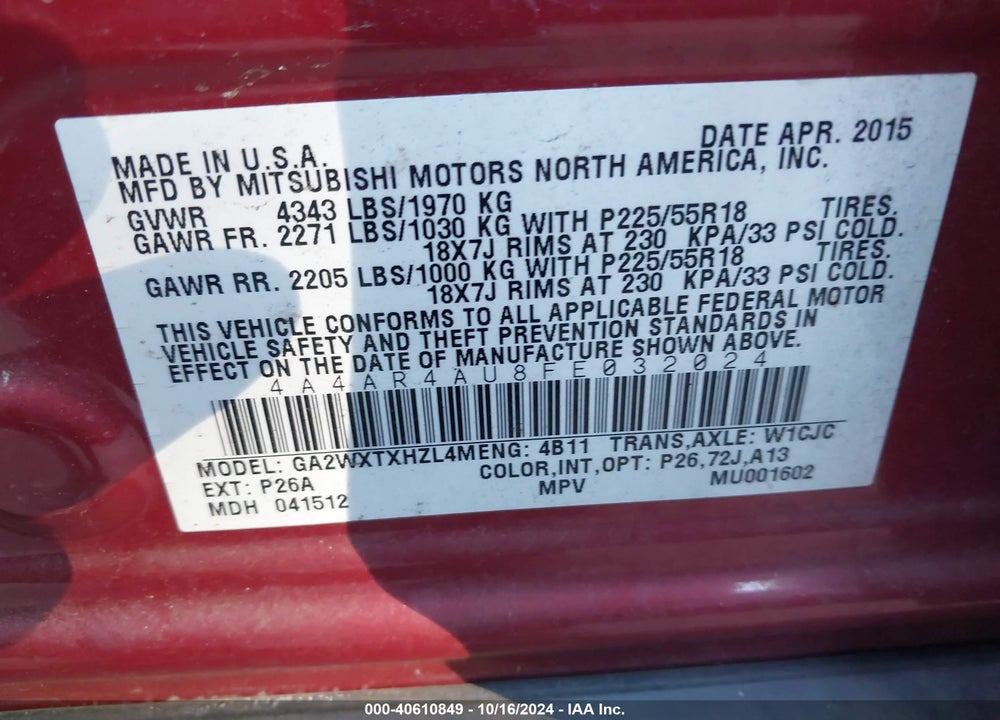 2015 MITSUBISHI OUTLANDER SPORT SE VIN: 4A4AR4AU8FE032024