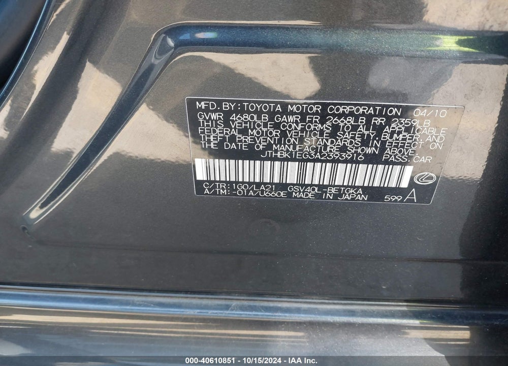 2010 LEXUS ES 350 VIN: JTHBK1EG3A2393916