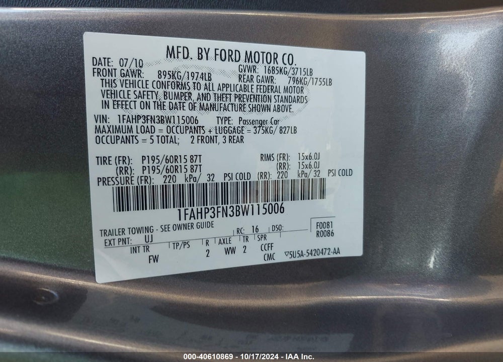 2011 FORD FOCUS SE VIN: 1FAHP3FN3BW115006