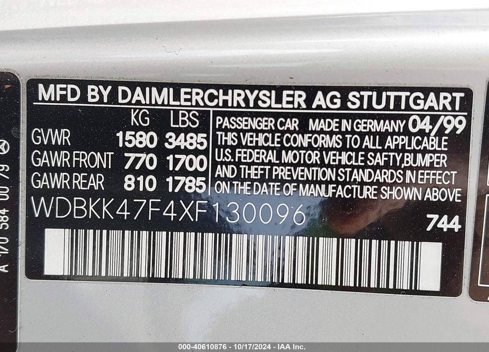 1999 MERCEDES-BENZ SLK 230 KOMPRESSOR VIN: WDBKK47F4XF130096