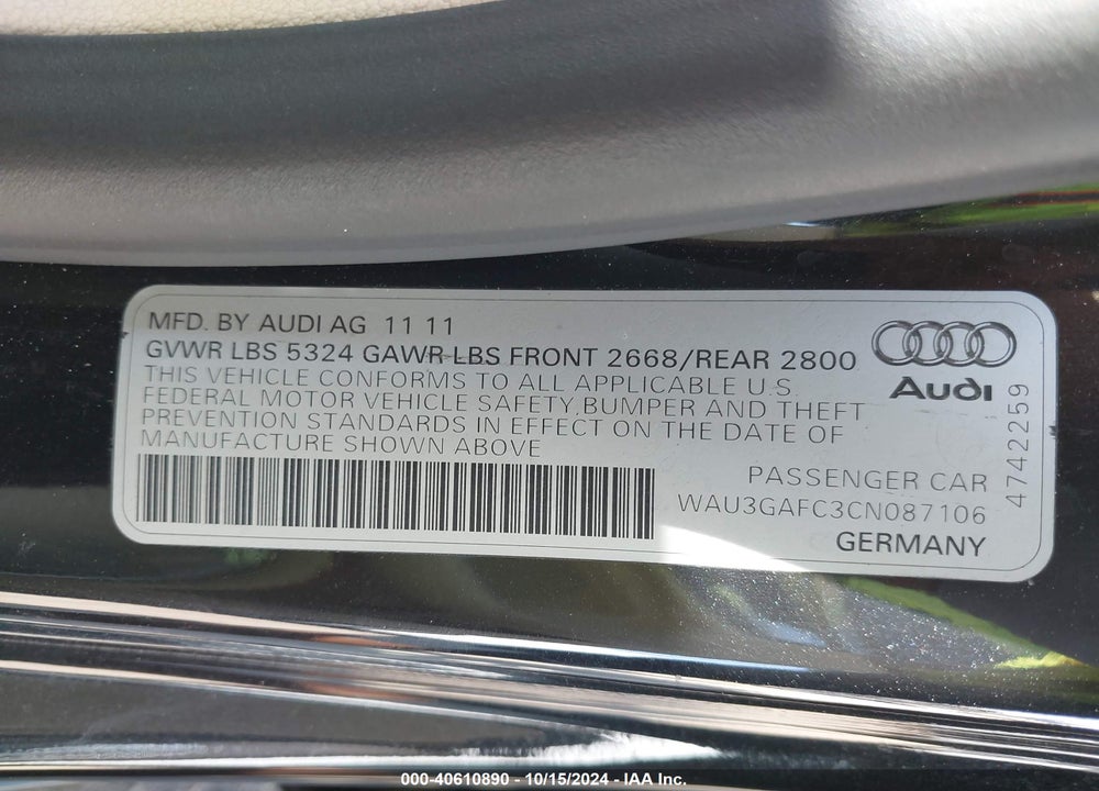 2012 AUDI A7 PREMIUM VIN: WAU3GAFC3CN087106