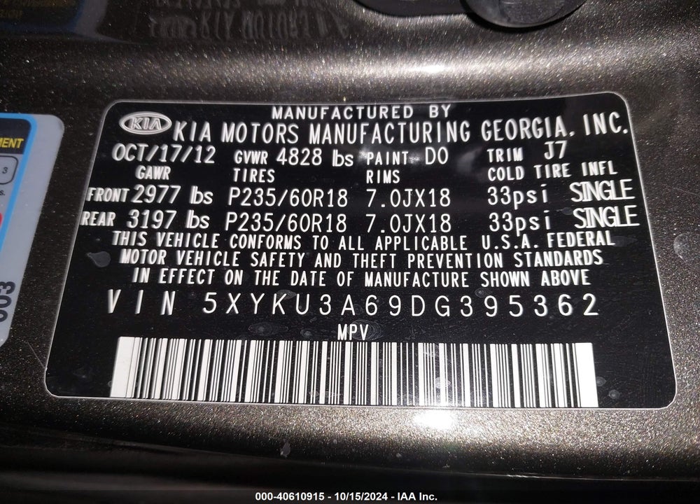 2013 KIA SORENTO EX VIN: 5XYKU3A69DG395362